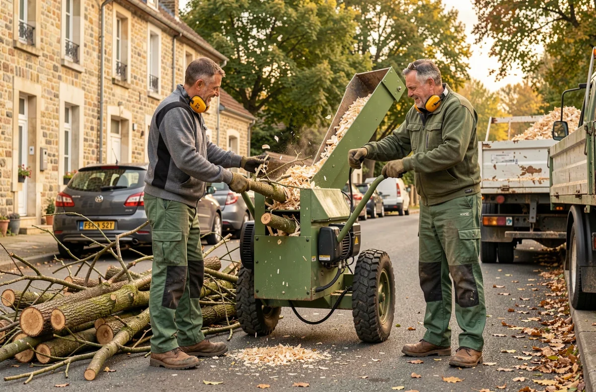 Deux ouvriers élagueurs utilisant un broyeur de branches sur une rue résidentielle lors d'une opération de déchiquetage