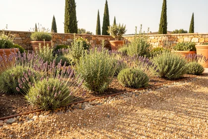 Parterre méditerranéen avec lavande et romarin poussant sur sol drainant graveleux en Provence