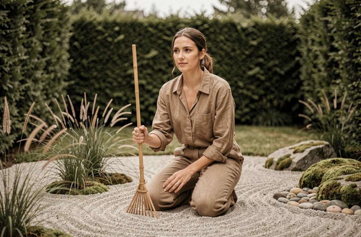 Paysagiste de Paysage Bien-Être aménageant un jardin zen avec gravier ratissé et graminées ornementales en Bretagne