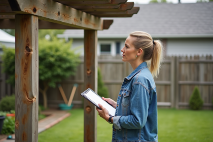 Femme contemplant une pergola en bois abîmée dans un jardin