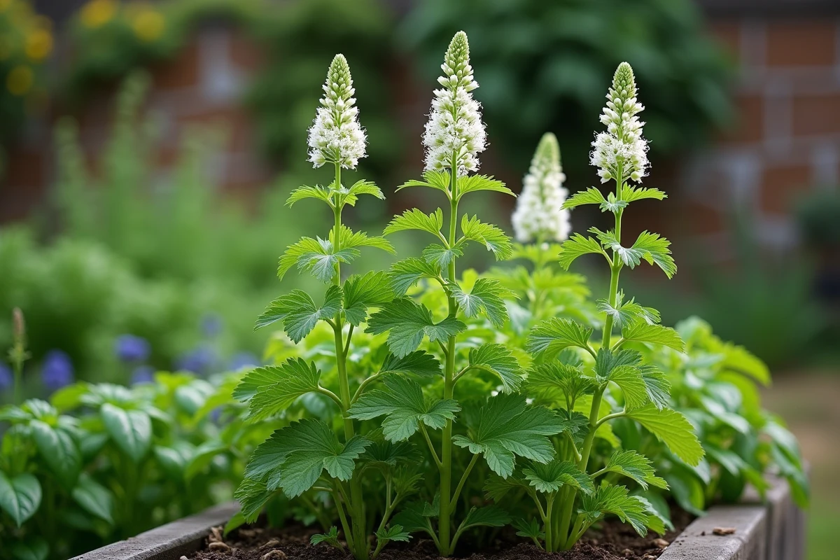 Plant de persil monté en graines avec tiges florales en été dans un potager surélevé avec mur en pierre