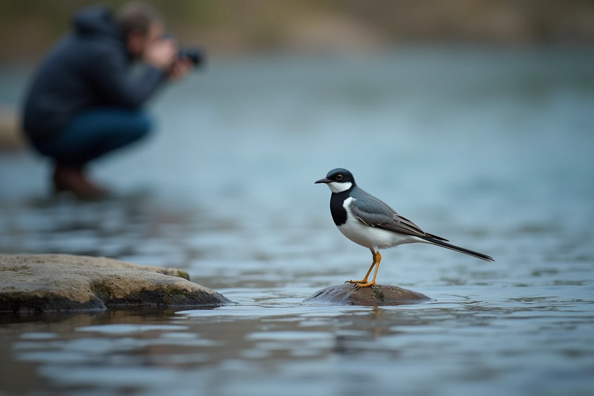 Bergeronnette grise et blanche posée sur un galet au bord d'un ruisseau, photographiée discrètement par un photographe nature accroupi