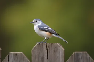 Petit oiseau gris et blanc perché sur un piquet de clôture en bois dans un jardin, photographié de près sans l'effrayer