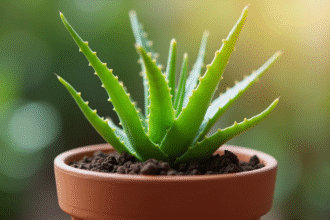 Aloe vera plantée dans un petit pot en terre cuite en gros plan