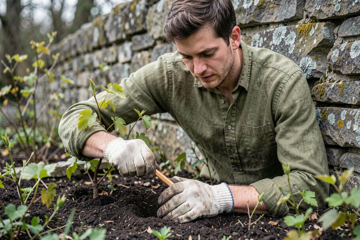 Jardinier plantant une bouture de vigne vierge en pleine terre au pied d'un mur en pierre au printemps