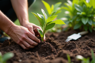 Jardinier plantant des oleanders dans un sol humide en plein soleil