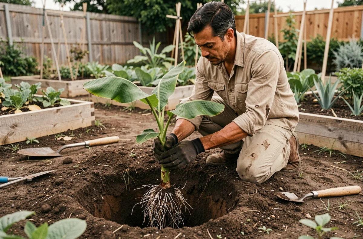 Homme plantant un rejet de bananier avec ses racines dans un trou de plantation au jardin