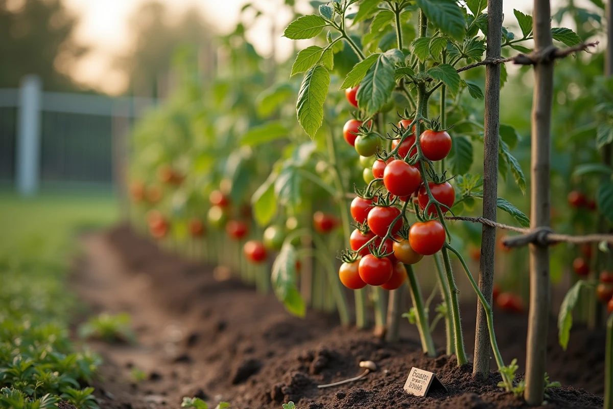 Rangée de plants de tomates résistants aux taches noires dans un potager avec étiquette de variété