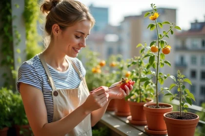 Femme pollinisant des fleurs de tomates en pot sur un balcon urbain avec un pinceau fin