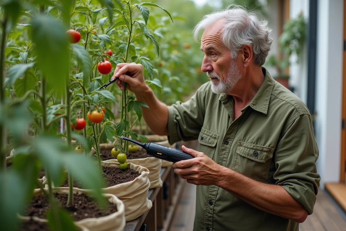 Homme utilisant une brosse à dents électrique pour polliniser des plants de tomates sur un balcon