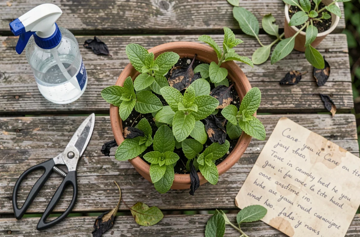 Vue du dessus d'un pot de menthe avec feuilles noircies et outils de jardinage sur une table en bois rustique