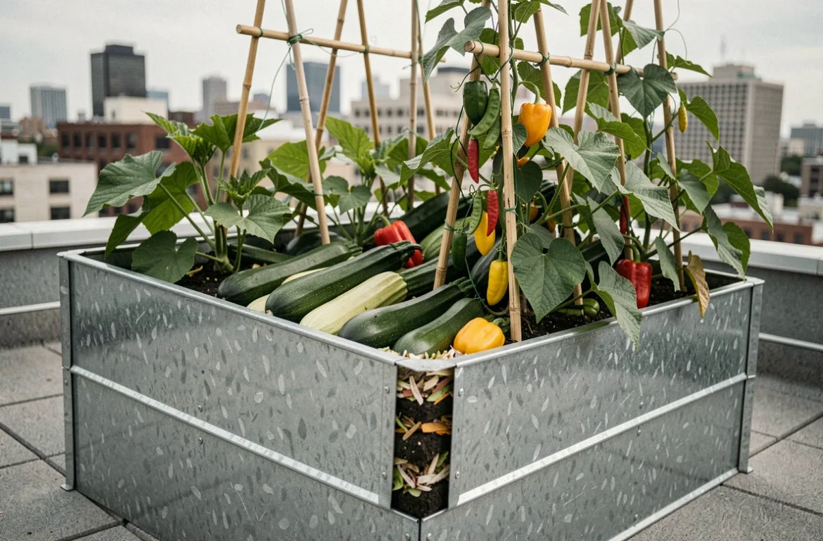 Potager en carré surélevé modulaire en acier galvanisé sur toit terrasse urbain avec légumes productifs et vue sur la ville