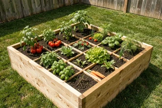 Potager en carré surélevé en bois de cèdre avec plantations organisées de légumes et herbes aromatiques dans un jardin résidentiel