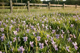 Prairie fleurie de fleurs sauvages violettes en été avec végétation dense et naturelle