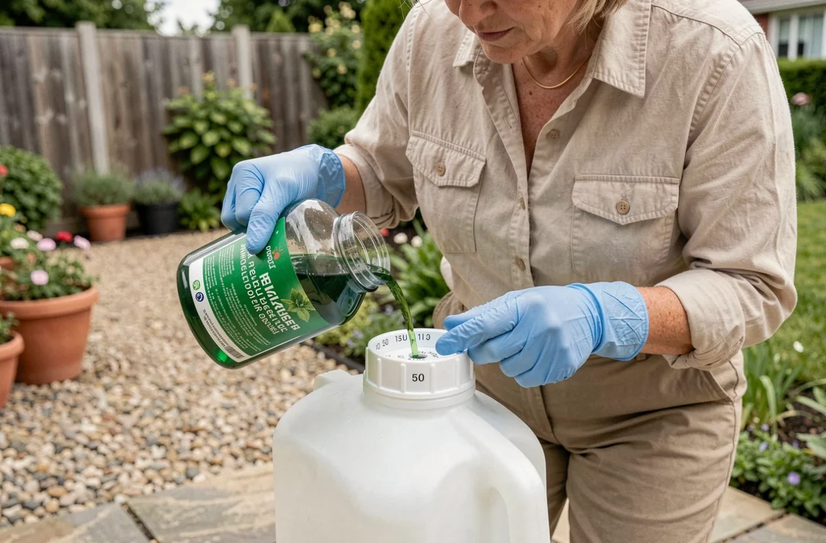 Femme préparant un mélange herbicide Roundup dans un pulvérisateur de 5 litres dans un jardin particulier