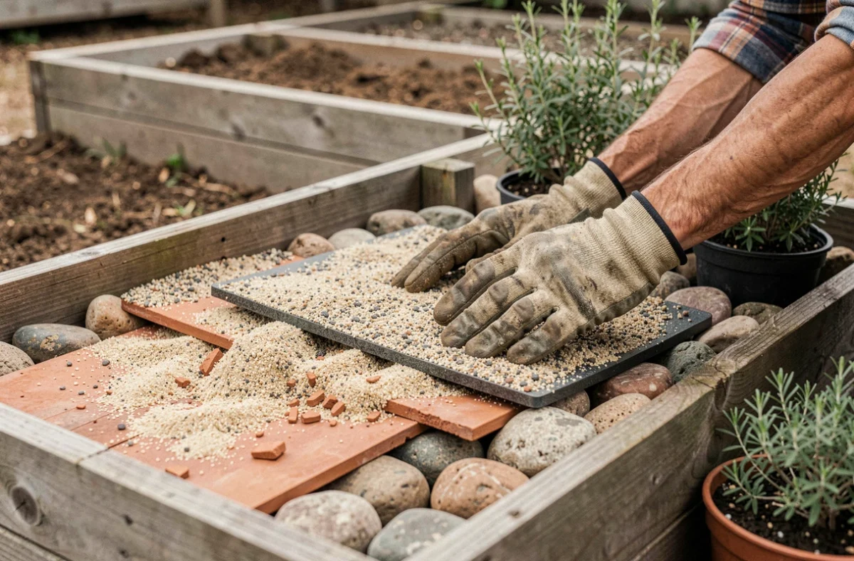 Mains de jardinier préparant un sol drainant avec gravier et sable pour un massif méditerranéen