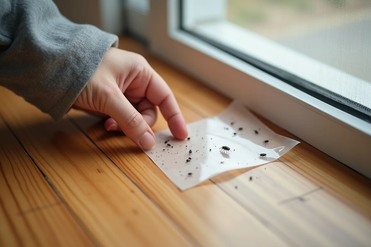Main d'adulte posant un piège adhésif transparent sur un rebord de fenêtre pour capturer de petits insectes noirs