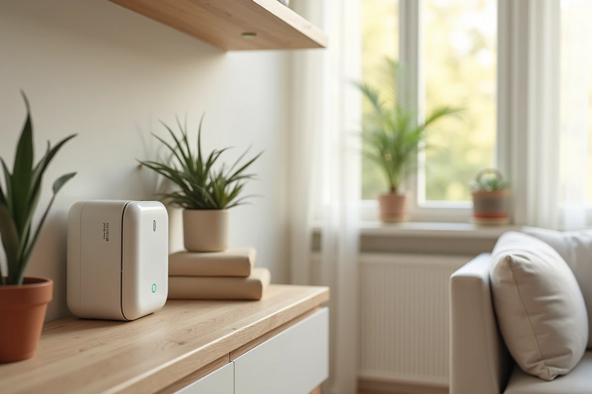 Sélection de produits KIMEO pour la maison disposés sur une étagère en chêne dans un intérieur français contemporain