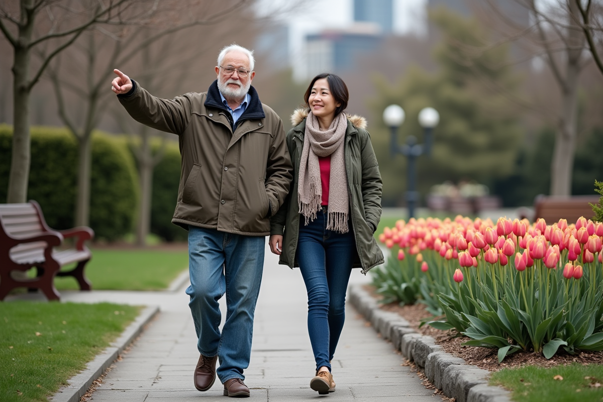 Vieille homme et jeune femme marchant dans un jardin fleuri