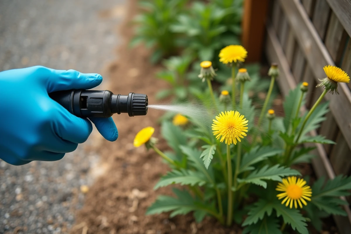 Gros plan d'une buse de pulvérisateur appliquant un désherbant sur des pissenlits et mauvaises herbes en bordure d'allée gravillonnée