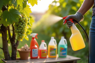 Main en gants de jardinage appliquant un fongicide sur des vignes vertes