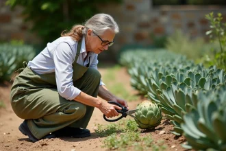 Femme récoltant un artichaut mûr avec un sécateur dans un potager ensoleillé