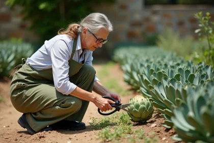 Femme récoltant un artichaut mûr avec un sécateur dans un potager ensoleillé