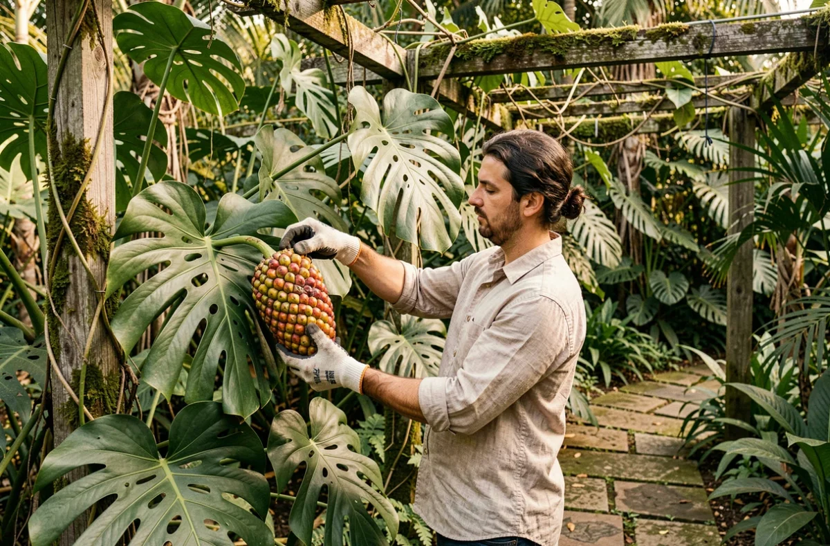 Jardinière récoltant un fruit de ceriman mûr sur un monstera dans un jardin tropical luxuriant