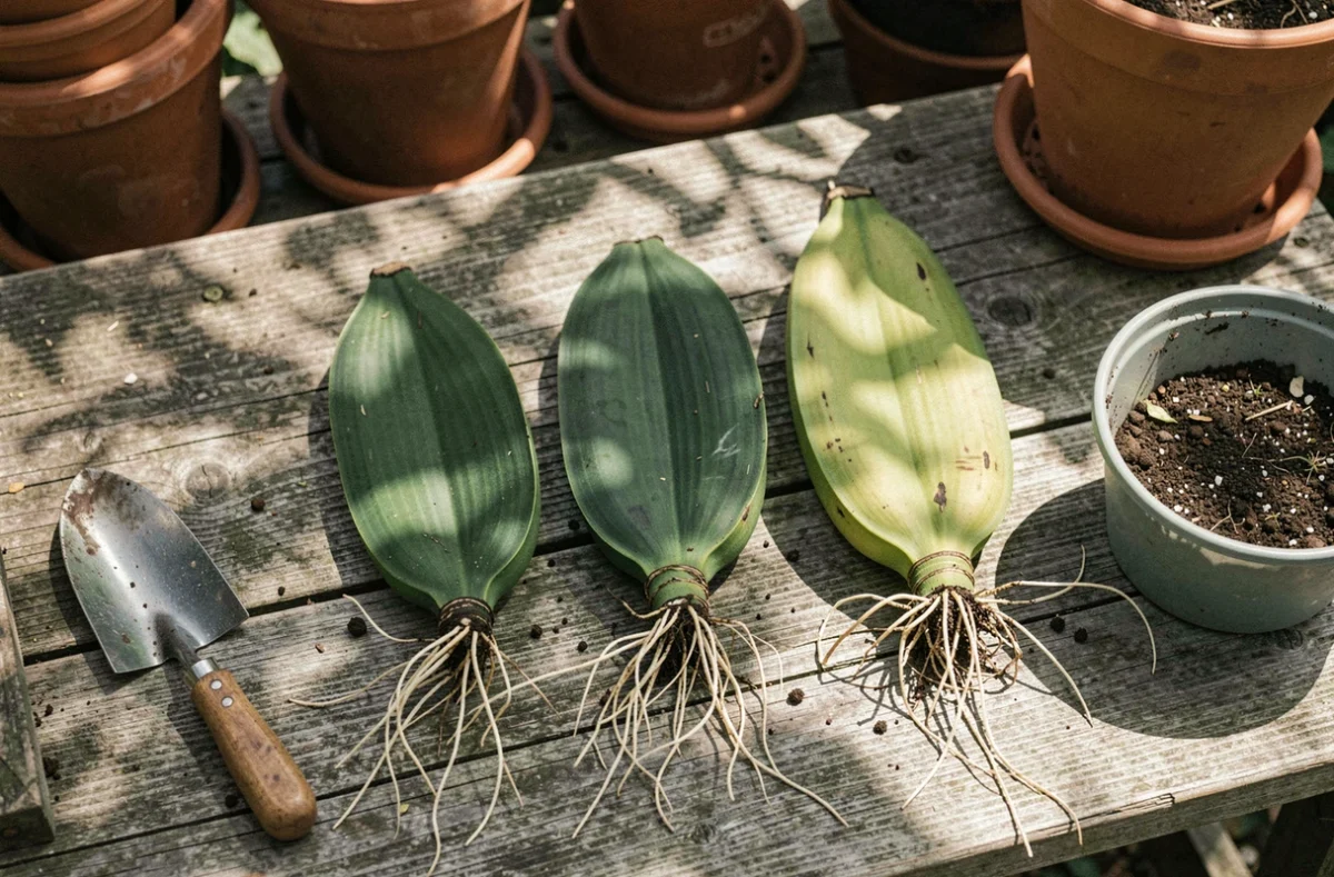 Trois rejets de bananier de tailles différentes avec leurs racines exposées sur un établi de jardinage en bois