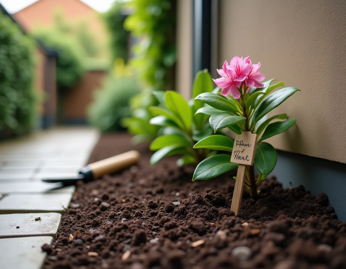 Jeune rhododendron planté dans un sol acide mulché près du mur d'une maison avec tuteur et étiquette de jardin