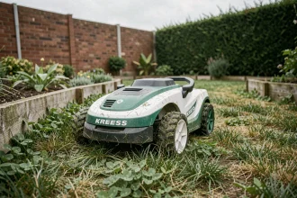 Robot tondeuse Kress en action dans un jardin pavillonnaire avec terrain légèrement irrégulier et bordure en bois