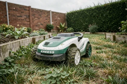 Robot tondeuse Kress en action dans un jardin pavillonnaire avec terrain légèrement irrégulier et bordure en bois