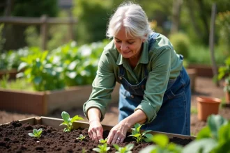 Femme qui sème des haricots verts dans un potager au printemps en suivant le calendrier lunaire