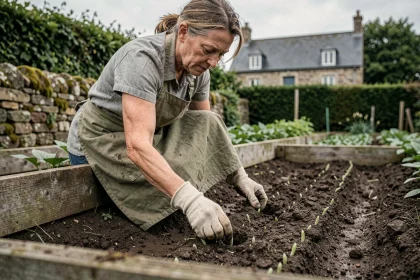 Femme jardinière semant des haricots verts dans un potager du nord de la France au printemps