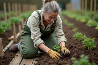 Femme semant du persil dans un potager au printemps, avec des rangs de terre préparés et des piquets en bois
