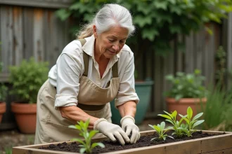 Senior femme jardinant dans un potager surélevé en bois, portant un tablier en lin et des gants de jardinage