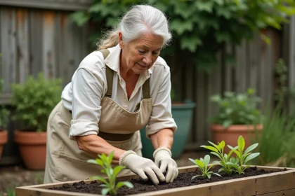 Senior femme jardinant dans un potager surélevé en bois, portant un tablier en lin et des gants de jardinage