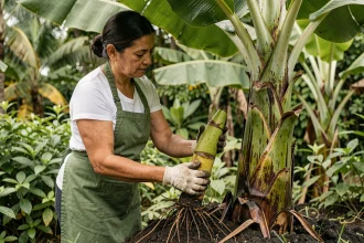 Femme séparant un rejet de bananier de sa plante mère dans un jardin tropical luxuriant