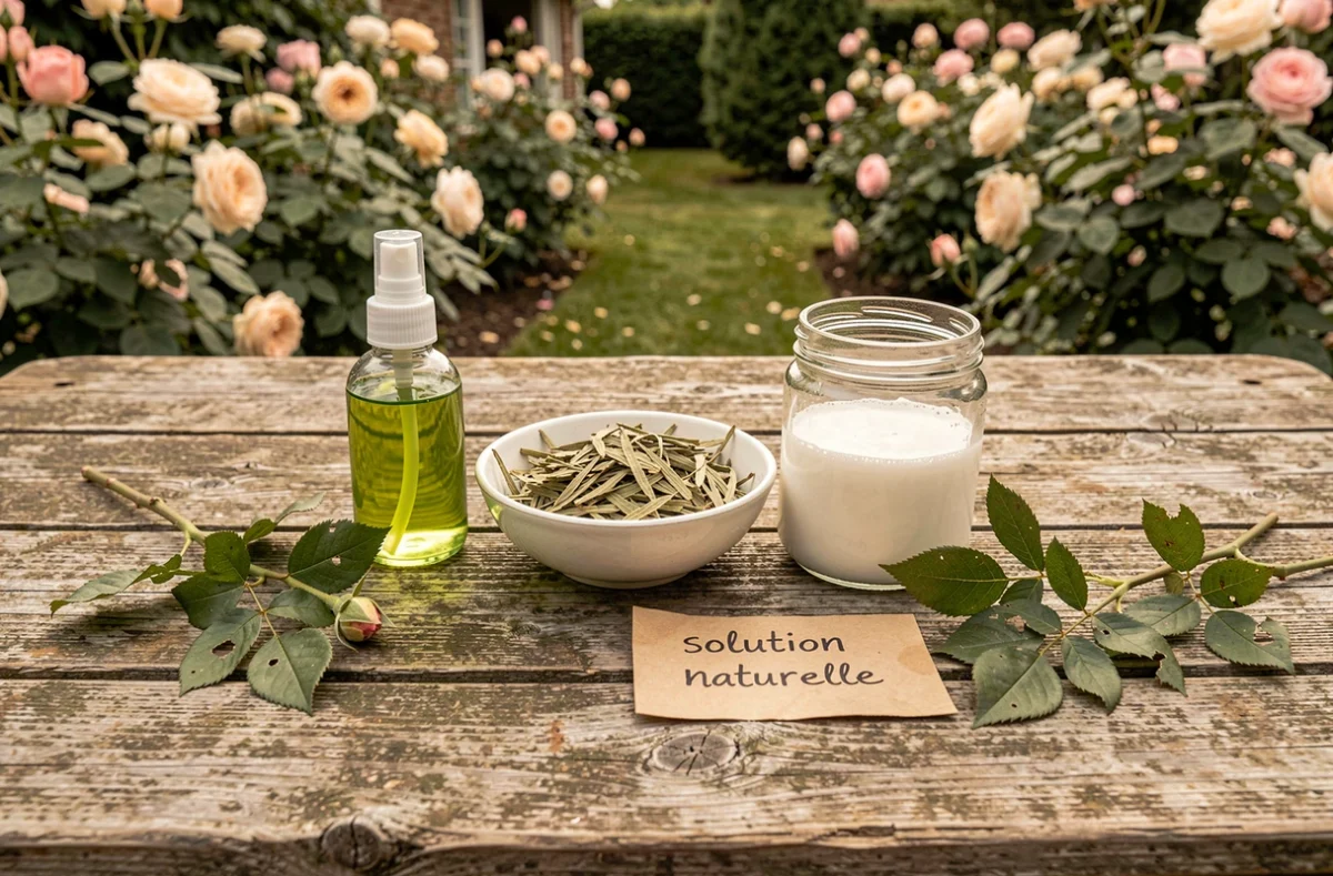 Solutions naturelles contre les chenilles vertes posées sur une table de jardin en bois près de rosiers