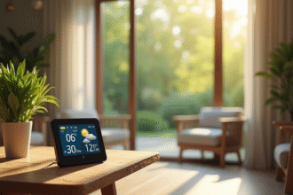 Station météo numérique sur une table en intérieur lumineux