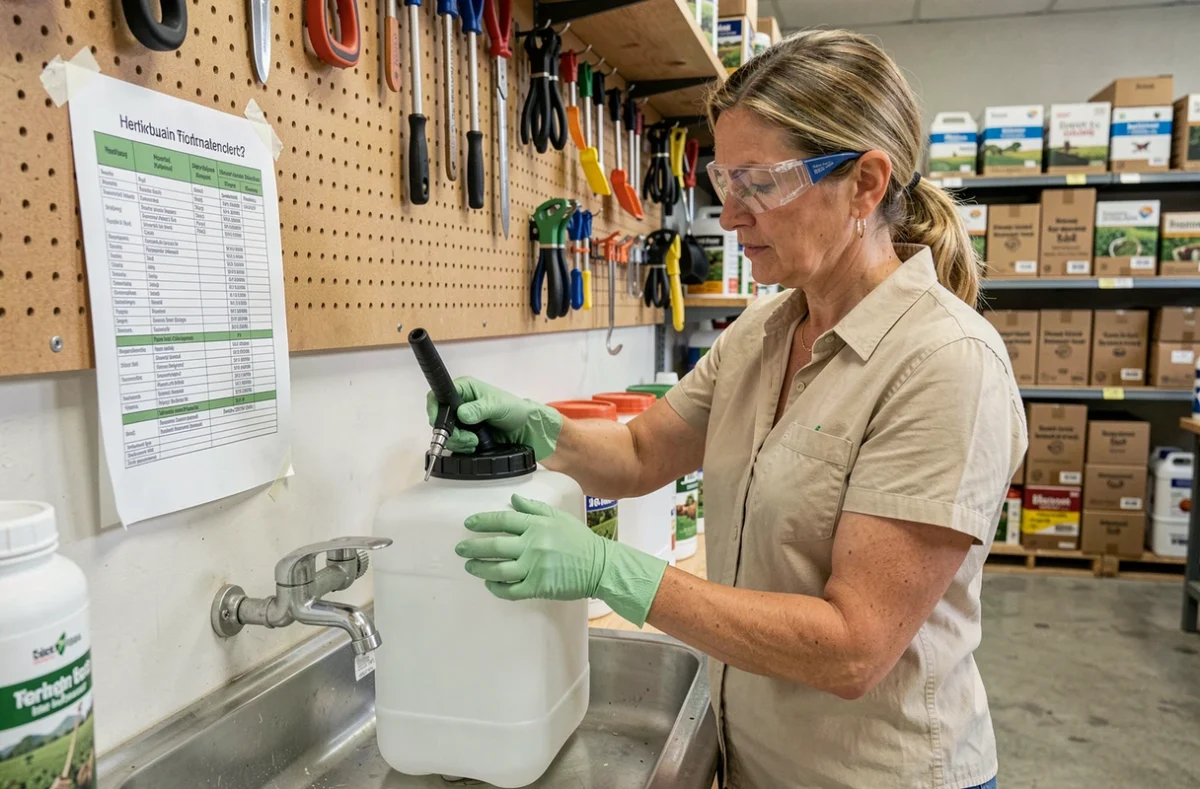 Femme consultant un tableau de dosage du glyphosate tout en remplissant un pulvérisateur de 5 litres dans une réserve de jardinerie