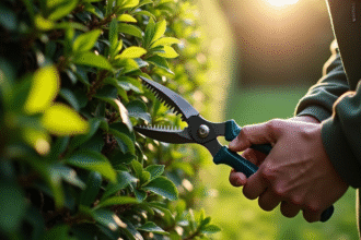 Personne taillant un laurier dans le jardin ensoleille