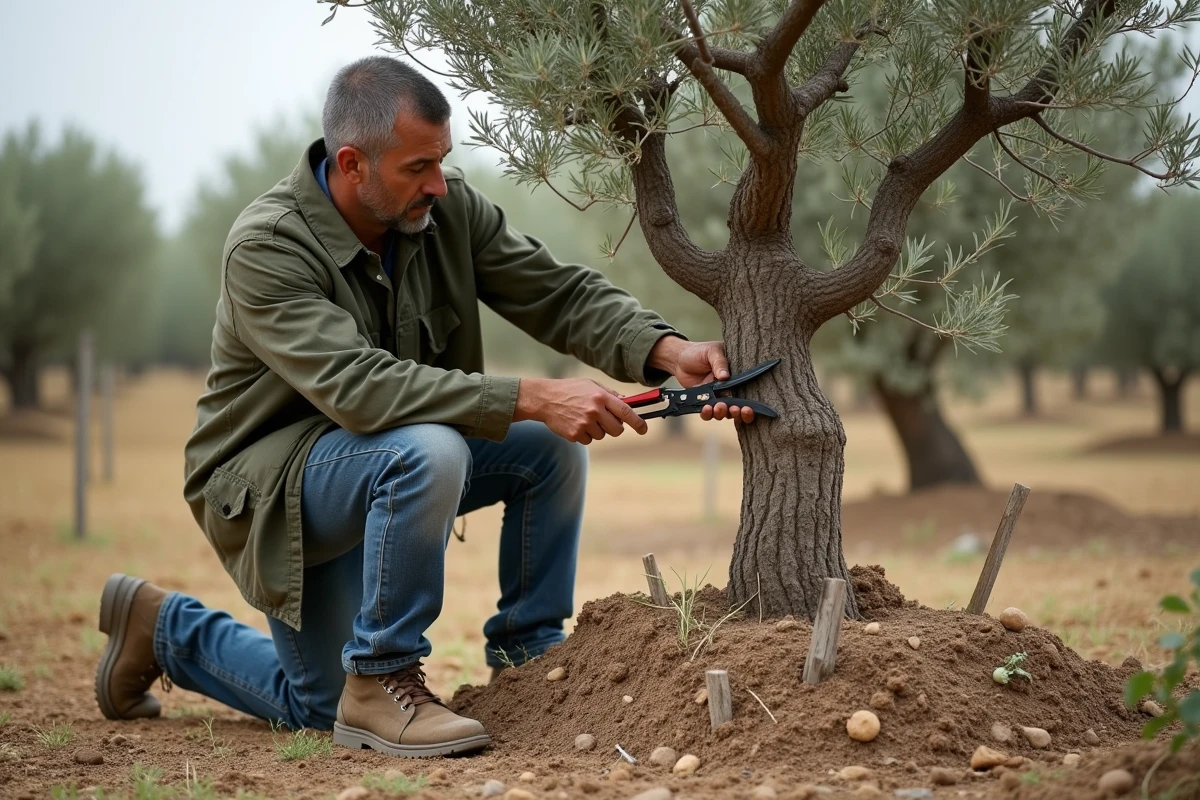 Homme taillant un olivier en pleine terre dans un jardin rural avec des ciseaux de jardinage