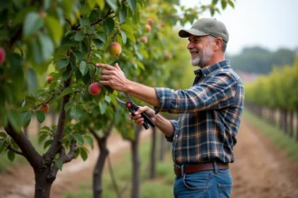Homme taillant un arbre à peche dans un vignoble au printemps
