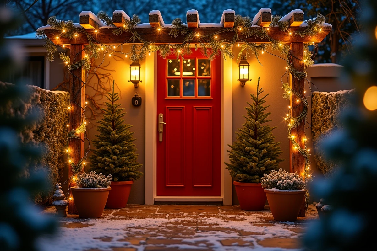 Terrasse et entrée de maison décorées de guirlandes électriques pour Noël avec pergola illuminée et porte rouge en arrière-plan hivernal