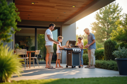 Terrasse moderne avec famille grillant en sécurité sous un toit