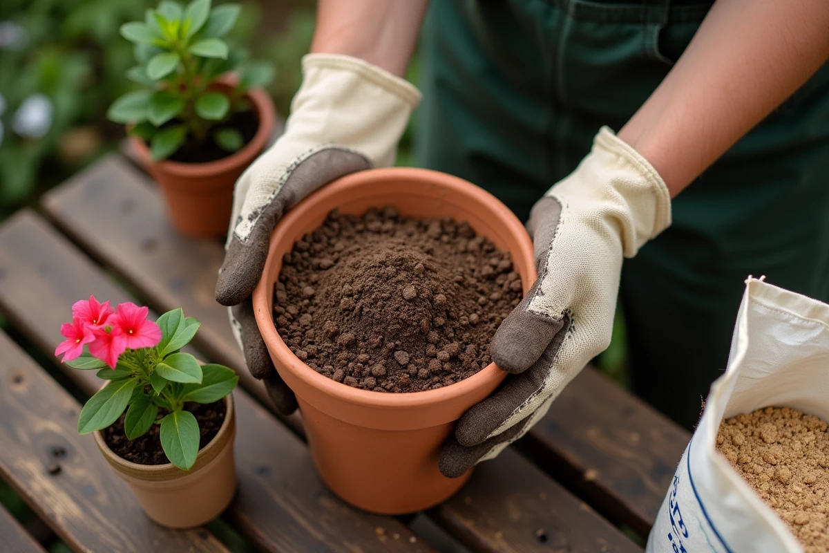 Mains de jardinier remplissant un pot en terre cuite de terreau drainant pour planter un bougainvillier