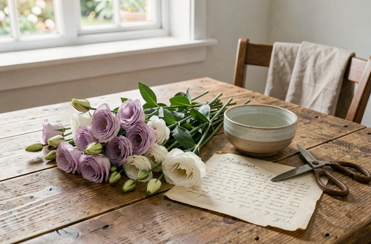 Tiges et boutons de lisianthus coupés posés sur une table en bois avec des notes de jardinage pour guide d'entretien