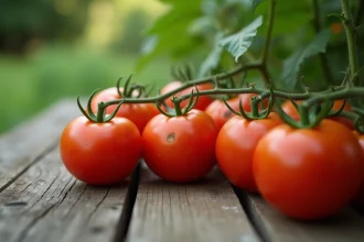 Tomates sur la vigne avec taches noires visibles à côté de variétés saines, posées sur une table en bois de jardin