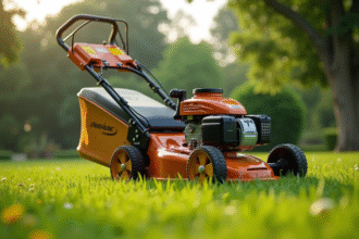 Tondeuse à gazon Parkside dans un jardin bien entretenu